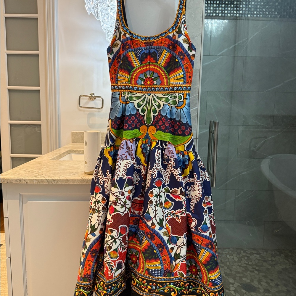 Alice + Olivia Diana Floral Cotton Blend Fit and Flare Midi Dress - Picture 3 of 15